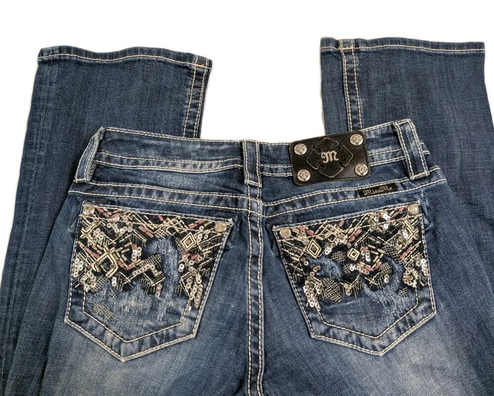 Miss Me Signature Boot Jeans Women's 26 Distressed Embellished Pockets 28x31.5